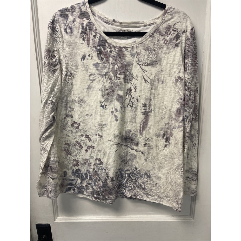 Coldwater Creek Shirt Womens XL White/Purple Long Sleeve Floral Jersey Top